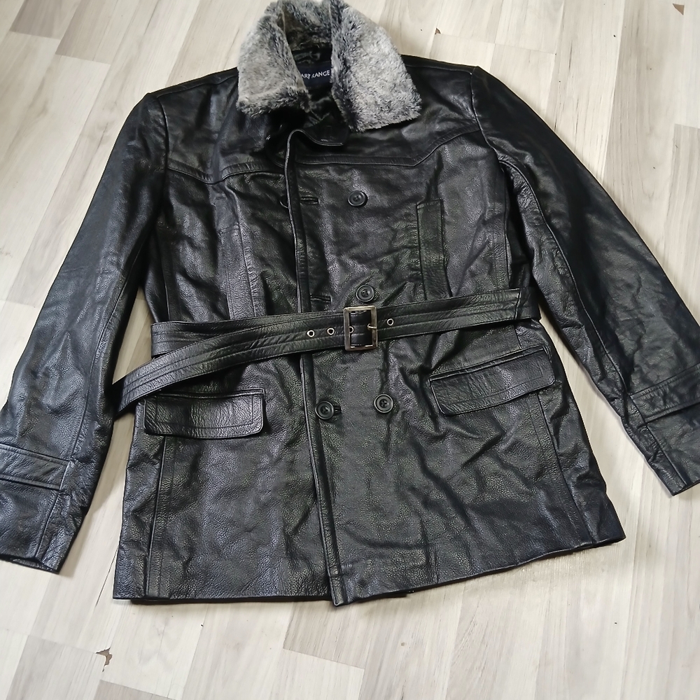 Black Leather Jacket with Faux Fur Collar
